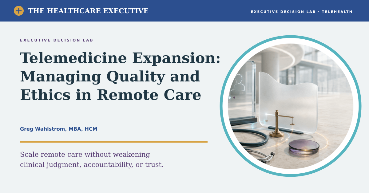 Executive telemedicine decision lab balancing clinical quality, ethics, and trust in remote care