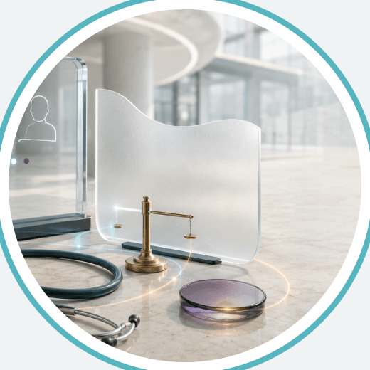 Clinical ethics and telemedicine decision making represented by a balance scale and medical technology