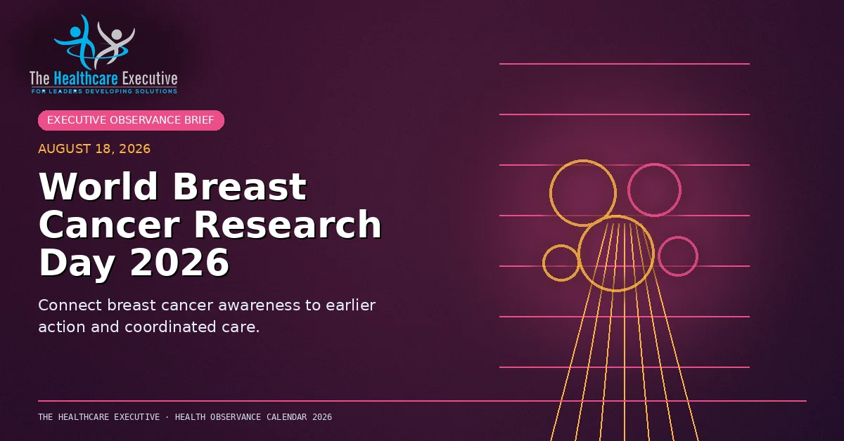 World Breast Cancer Research Day 2026 cinematic editorial hero using a cancer motif in a clinical corridor composition, with The Healthcare Executive transparent logo.