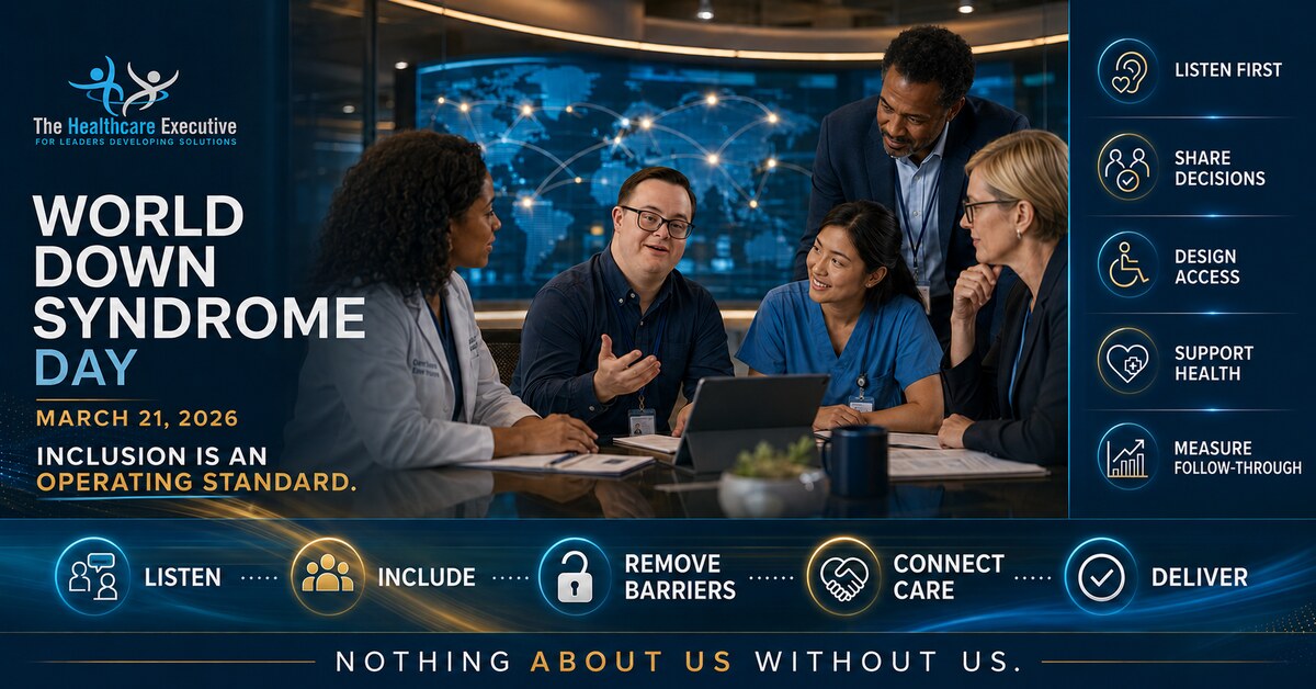 World Down Syndrome Day 2026 approved hero showing an adult with Down syndrome leading an interdisciplinary healthcare team.