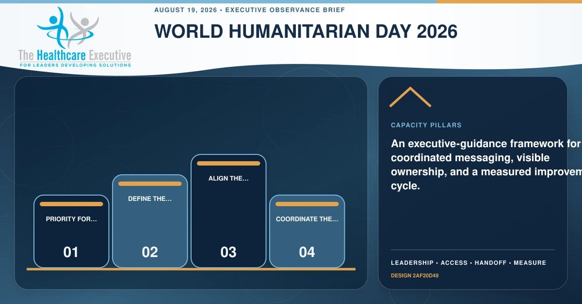 World Humanitarian Day 2026 capacity pillars connecting Priority for this…, Define the purpose, Align the entry point, Coordinate the partner… in a distinct executive operating pathway.