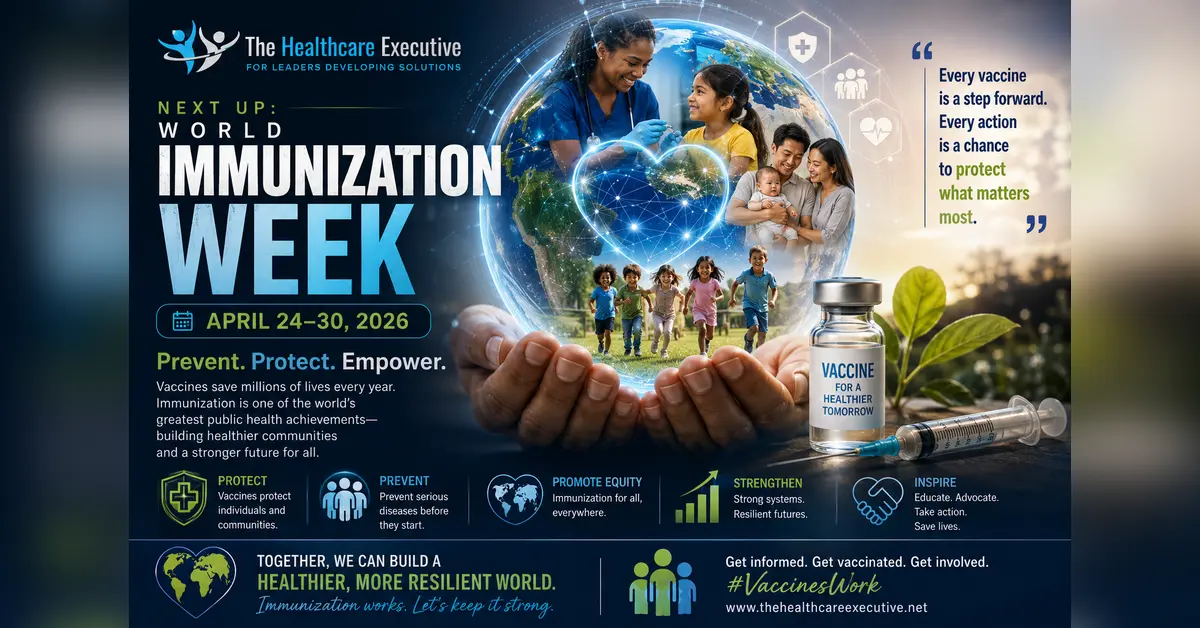 World Immunization Week 2026 cinematic editorial hero using a infectious motif in a clinical corridor composition, with The Healthcare Executive transparent logo.