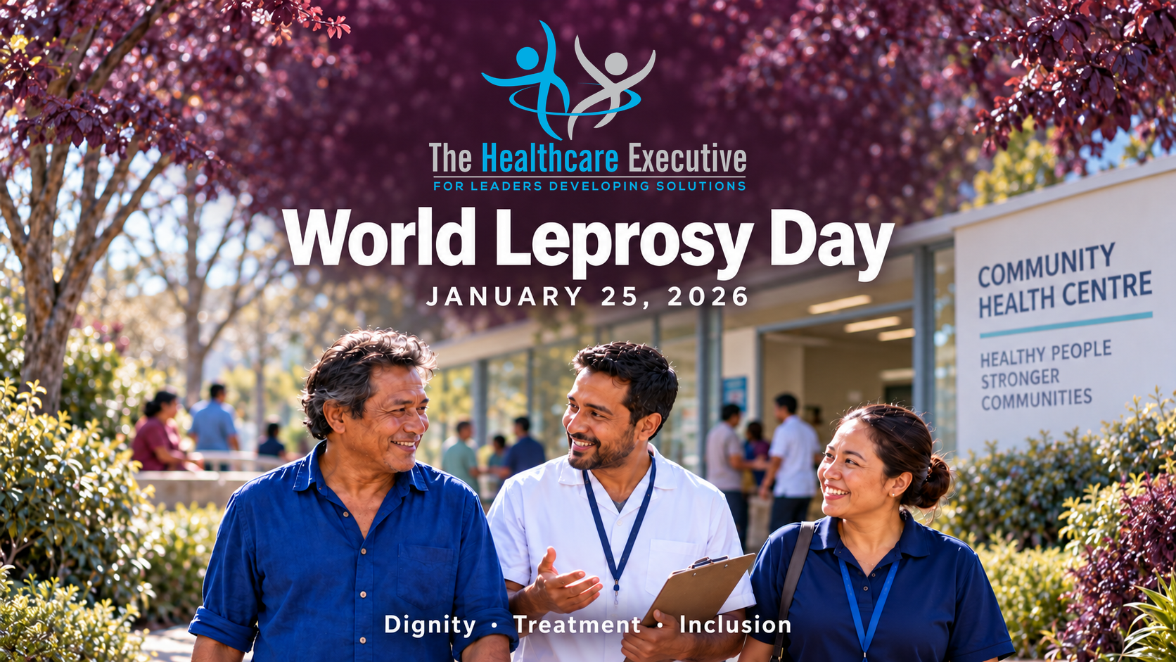 World Leprosy Day, January 25, 2026. The original transparent Healthcare Executive logo above the headline and a community health team welcoming a patient.