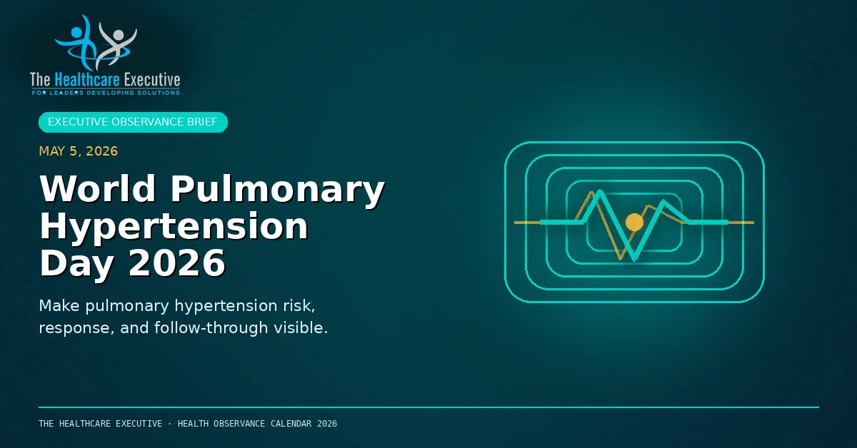 World Pulmonary Hypertension Day 2026 cinematic editorial hero using a cardiac motif in a pulse chamber composition, with The Healthcare Executive transparent logo.