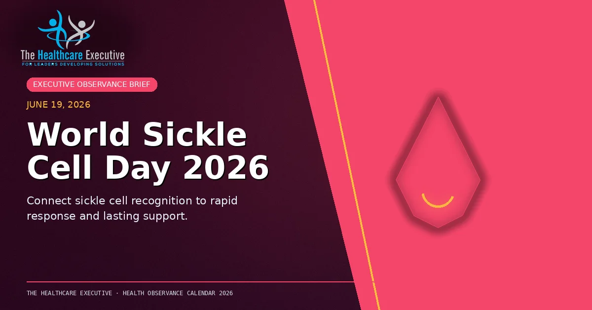 World Sickle Cell Day 2026 cinematic editorial hero using a blood motif in a split horizon composition, with The Healthcare Executive transparent logo.