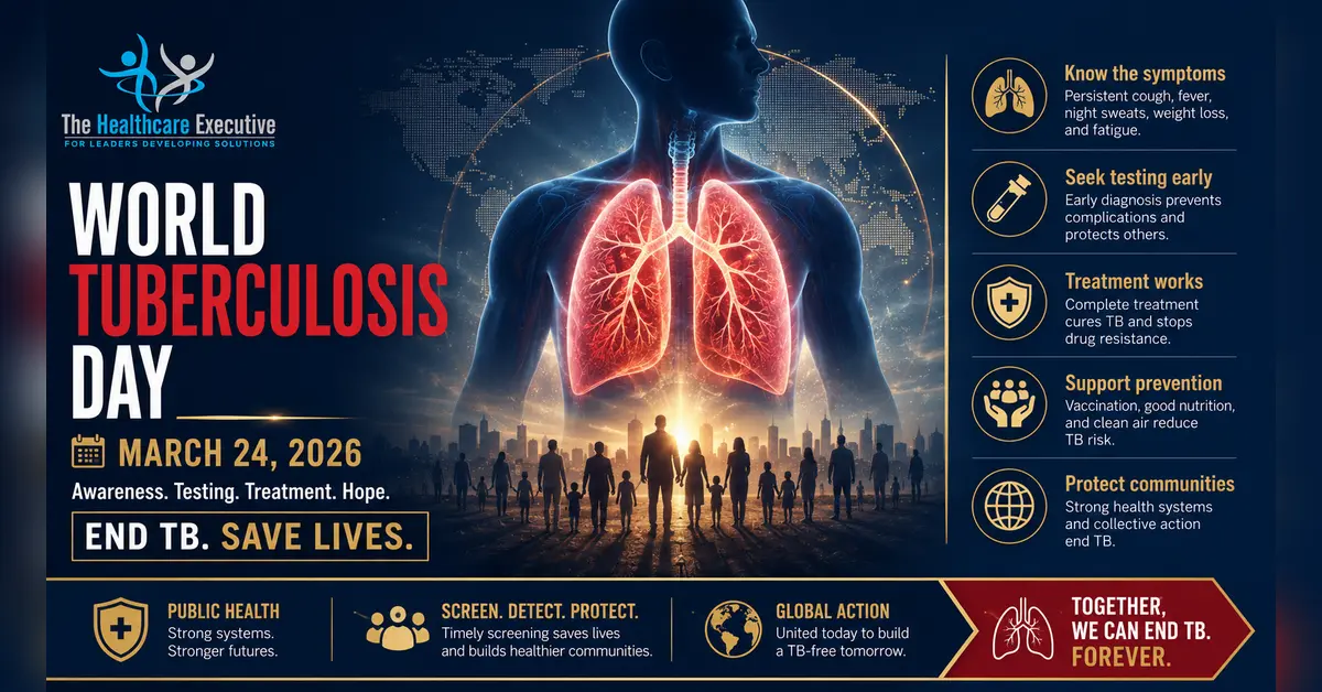 World TB Day 2026 cinematic editorial hero using a infectious motif in a pulse chamber composition, with The Healthcare Executive transparent logo.