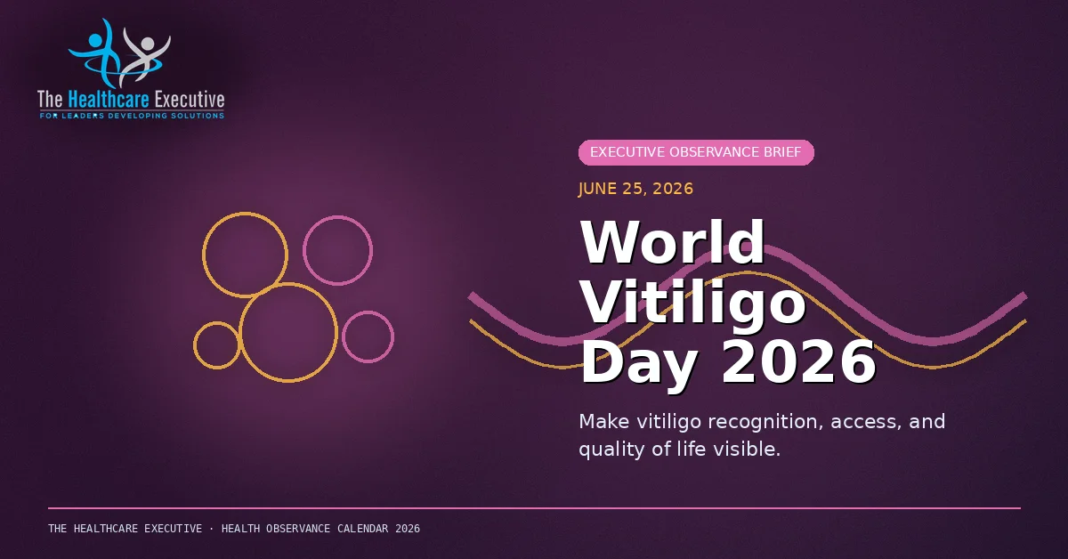 World Vitiligo Day 2026 cinematic editorial hero using a skin motif in a flow ribbon composition, with The Healthcare Executive transparent logo.