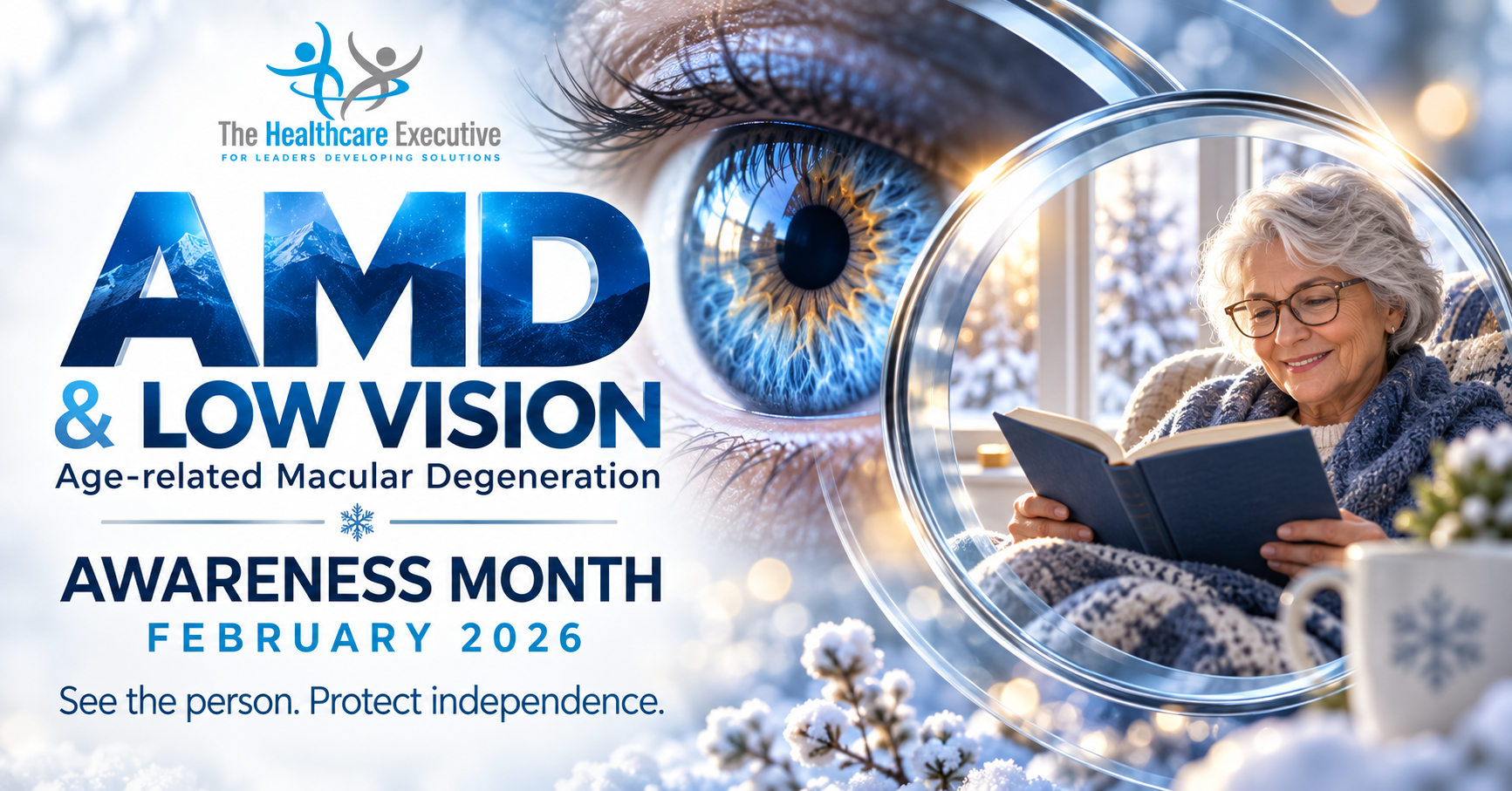 AMD and Low Vision Awareness Month, February 2026. A sapphire eye and a woman reading with magnification. See the person. Protect independence.