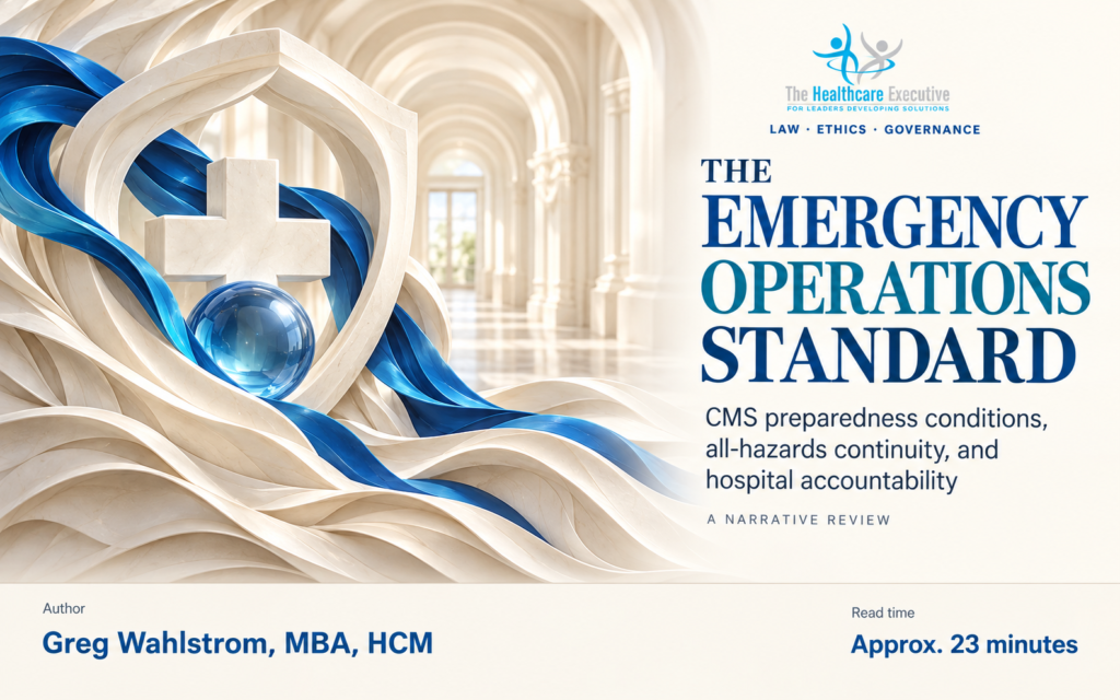 The Emergency Operations Standard, with an ivory sculptural shield and medical cross, blue glass and flowing ribbons. By Greg Wahlstrom, MBA, HCM.