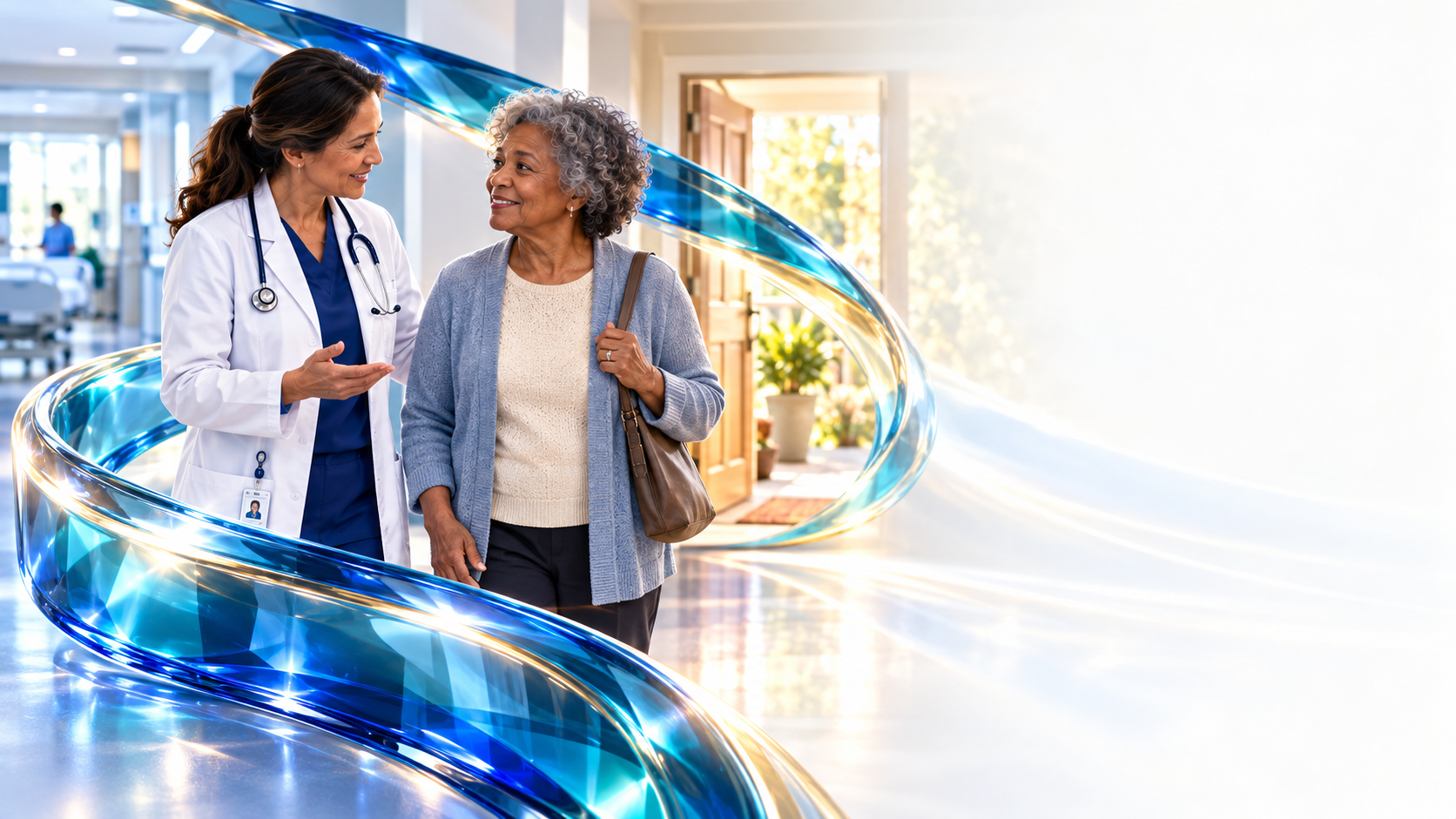 Illustrative hospital-to-home scene: a clinician and an older patient connected by a flowing blue and teal glass ribbon.