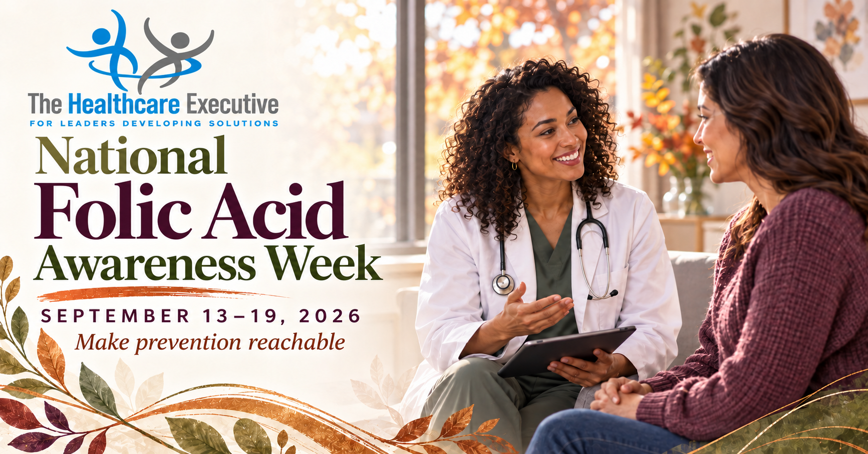 National Folic Acid Awareness Week 2026 — seasonal hero with The Healthcare Executive logo above the headline.