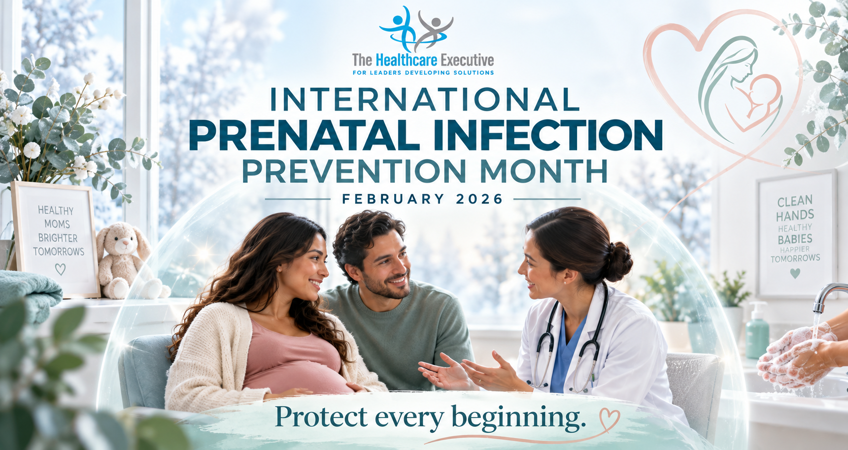 International Prenatal Infection Prevention Month, February 2026. Expectant parents consult a clinician in a bright winter setting. Protect every beginning.