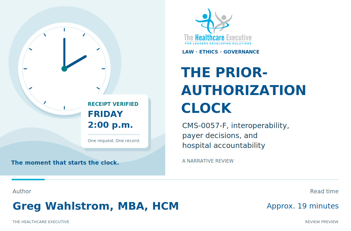 The Prior-Authorization Clock: a clock beside a verified Friday 2:00 p.m. receipt, with the article title and Greg Wahlstrom, MBA, HCM byline.