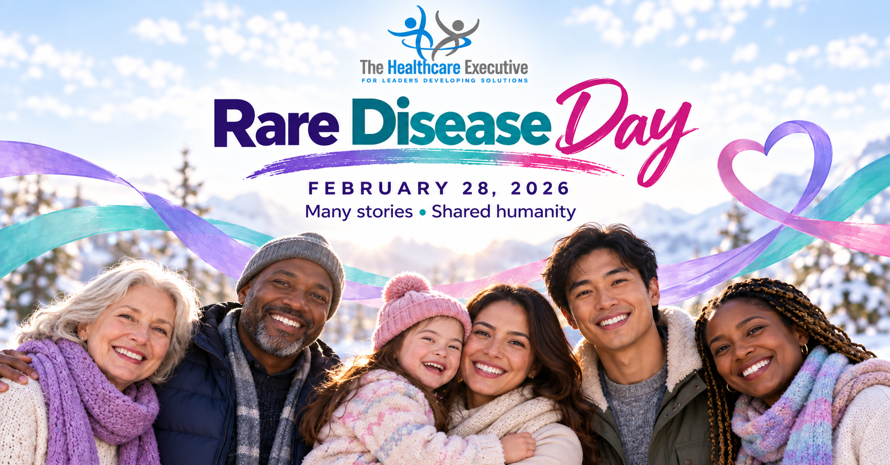 Rare Disease Day 2026 — seasonal hero with The Healthcare Executive logo above the headline.