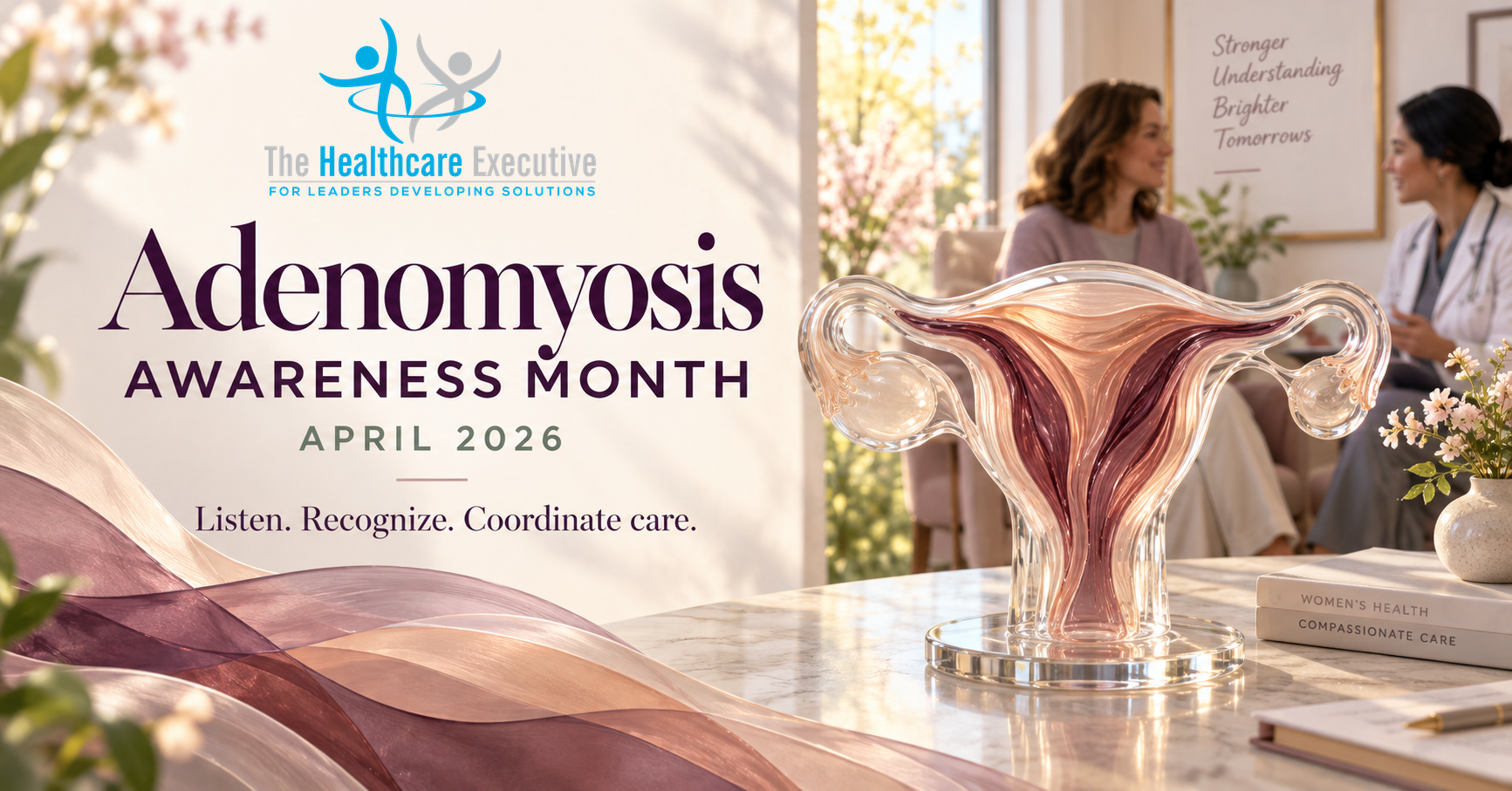 The Healthcare Executive — Adenomyosis Awareness Month, April 2026. Layered uterine anatomy beside a patient and clinician consultation.