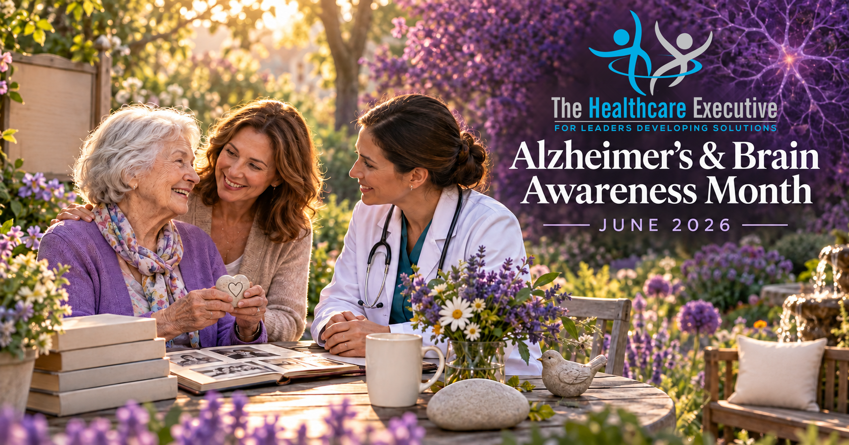 Alzheimer’s & Brain Awareness Month 2026 healthcare hero with the original transparent Healthcare Executive logo.