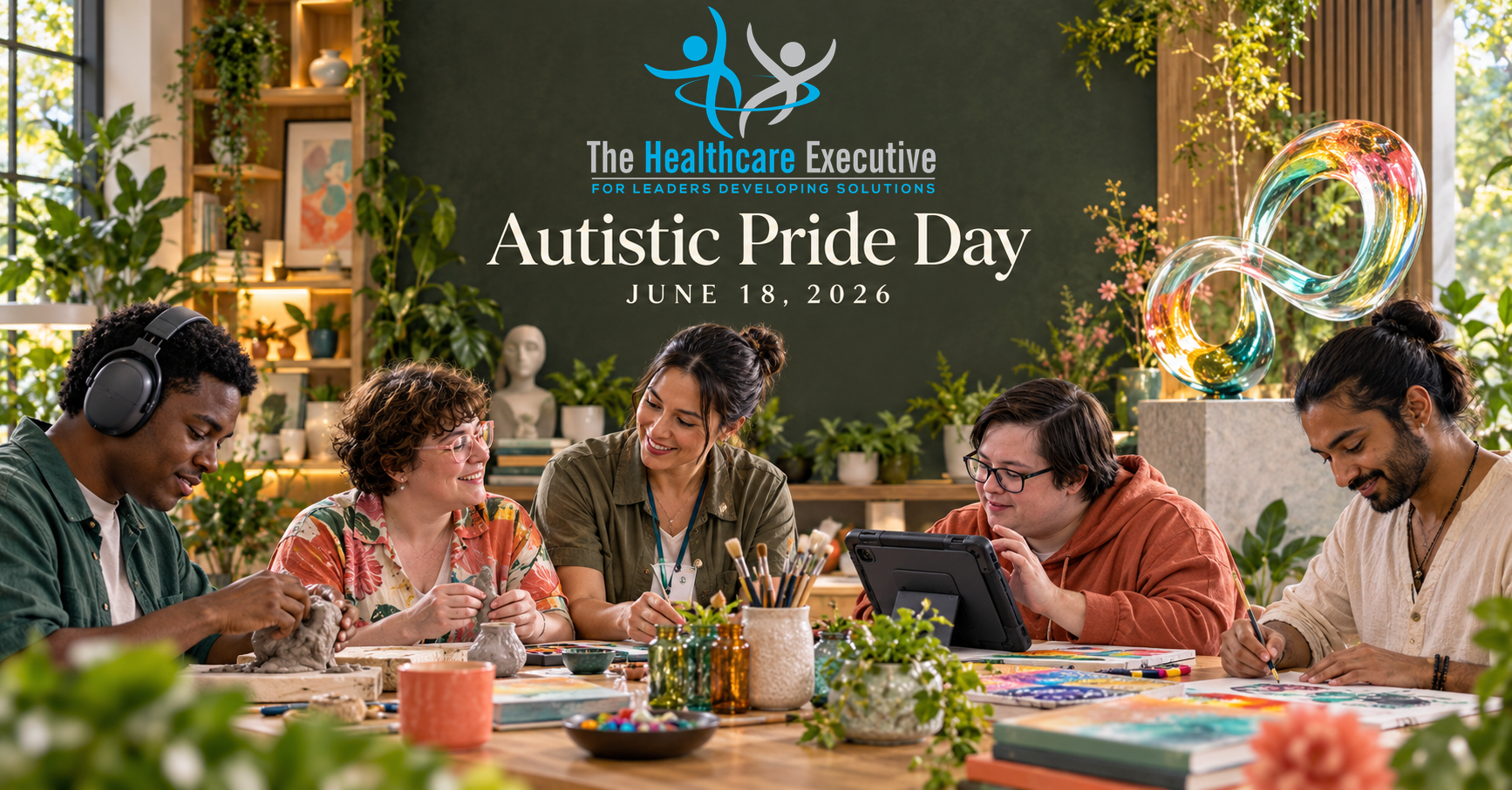 Autistic Pride Day 2026 healthcare hero with the original transparent Healthcare Executive logo.