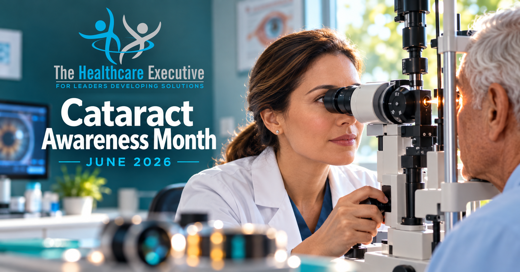 Cataract Awareness Month 2026 healthcare hero with the original transparent Healthcare Executive logo.