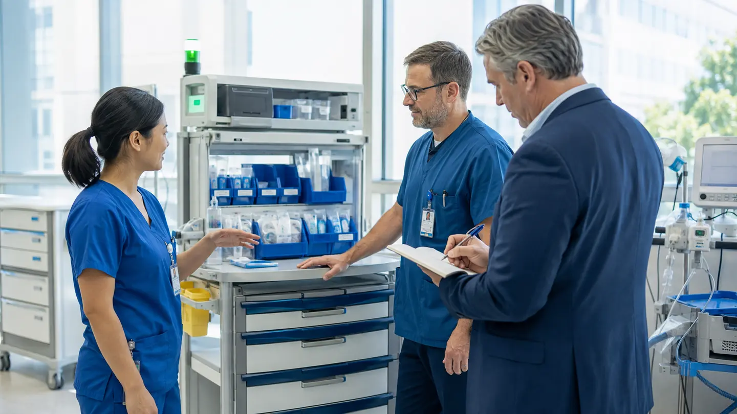 A nurse and biomedical engineer verify an accessible equipment station while a hospital executive records closure.
