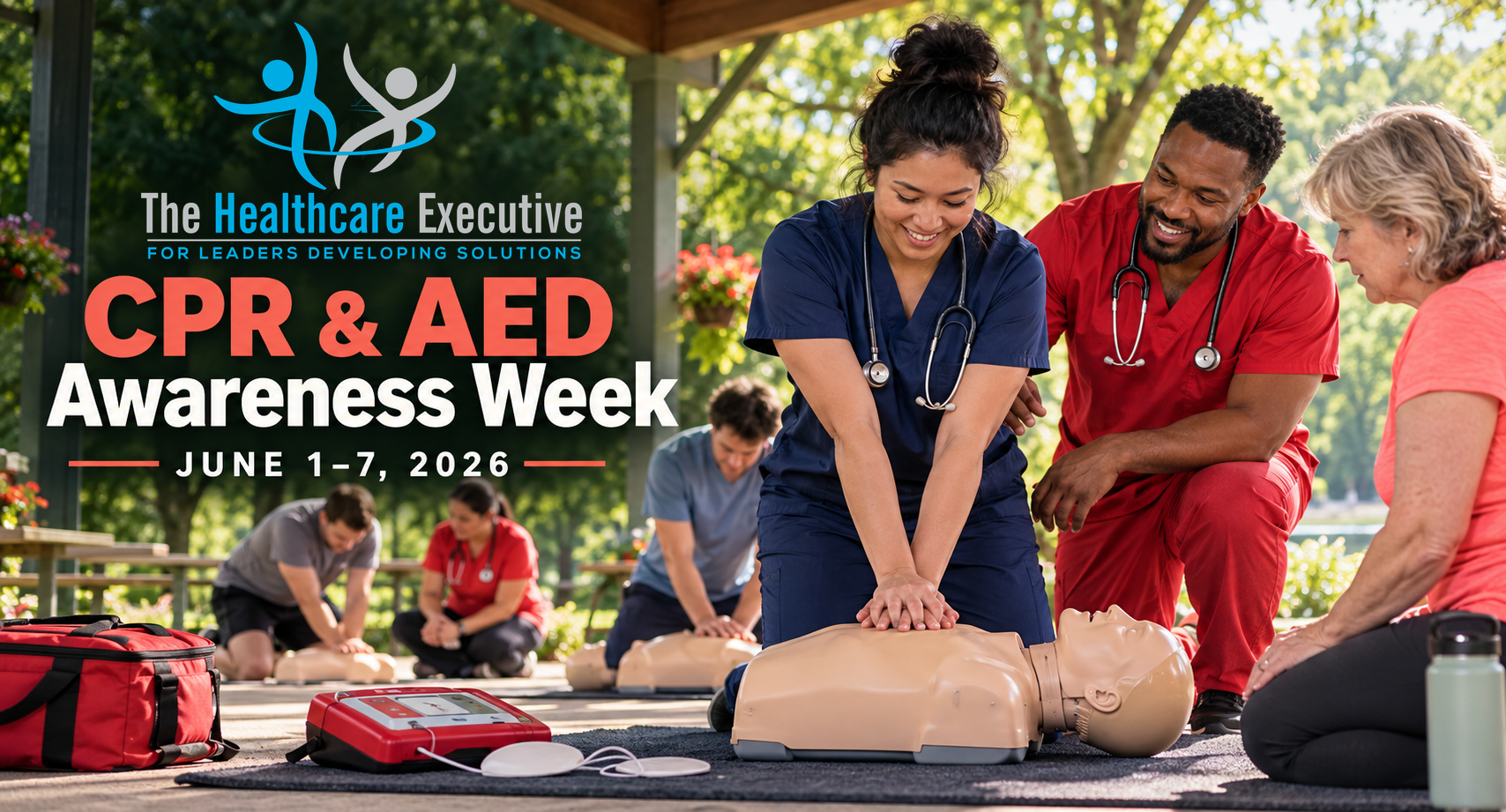 CPR & AED Awareness Week 2026 healthcare hero with the original transparent Healthcare Executive logo.