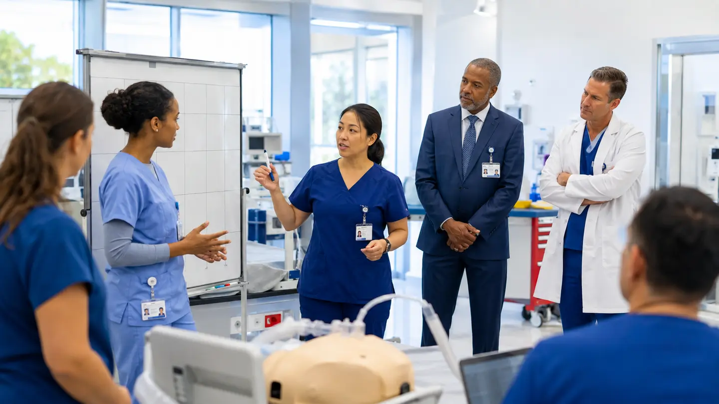 An emerging nurse manager leads a hospital simulation debrief while an executive and senior physician listen from the side.