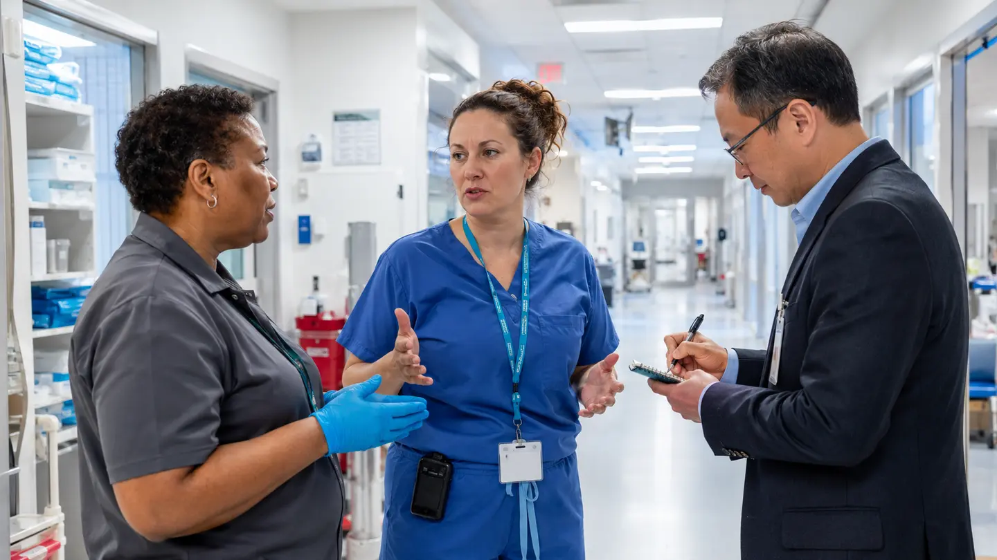 An environmental-services professional and a bedside nurse explain a workflow barrier while a hospital executive listens and takes notes.