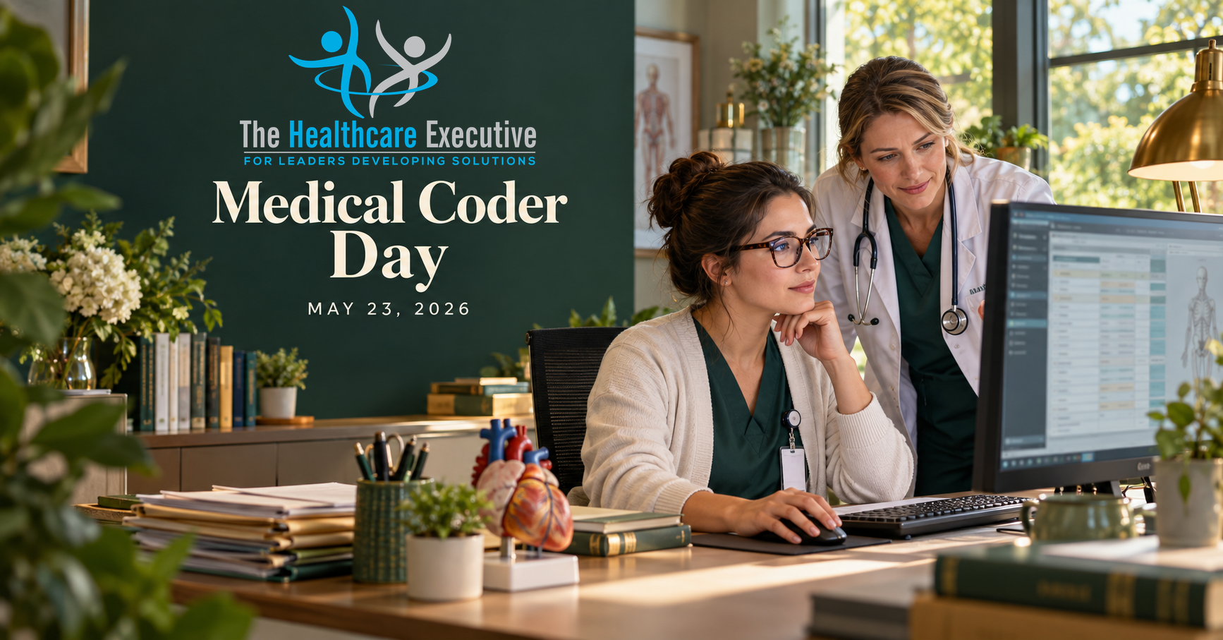 Medical Coder Day 2026 healthcare hero with the original transparent Healthcare Executive logo.