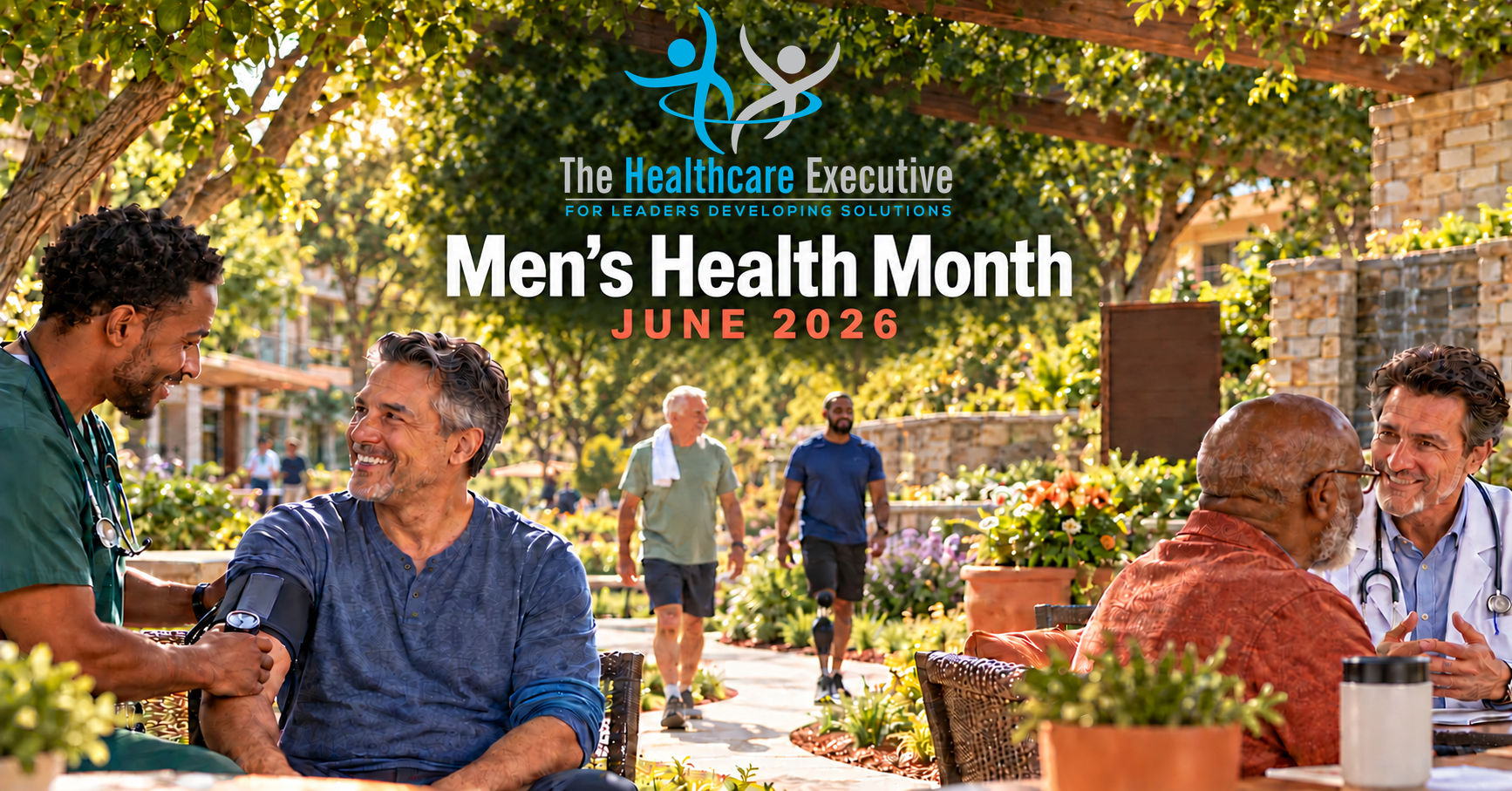 Men’s Health Month 2026 healthcare hero with the original transparent Healthcare Executive logo.