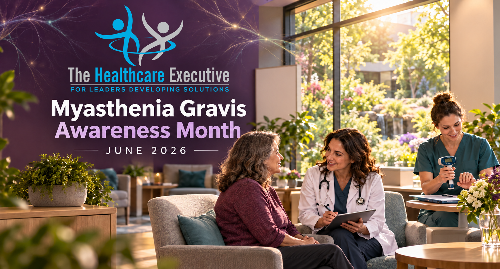 Myasthenia Gravis Awareness Month 2026 healthcare hero with the original transparent Healthcare Executive logo.