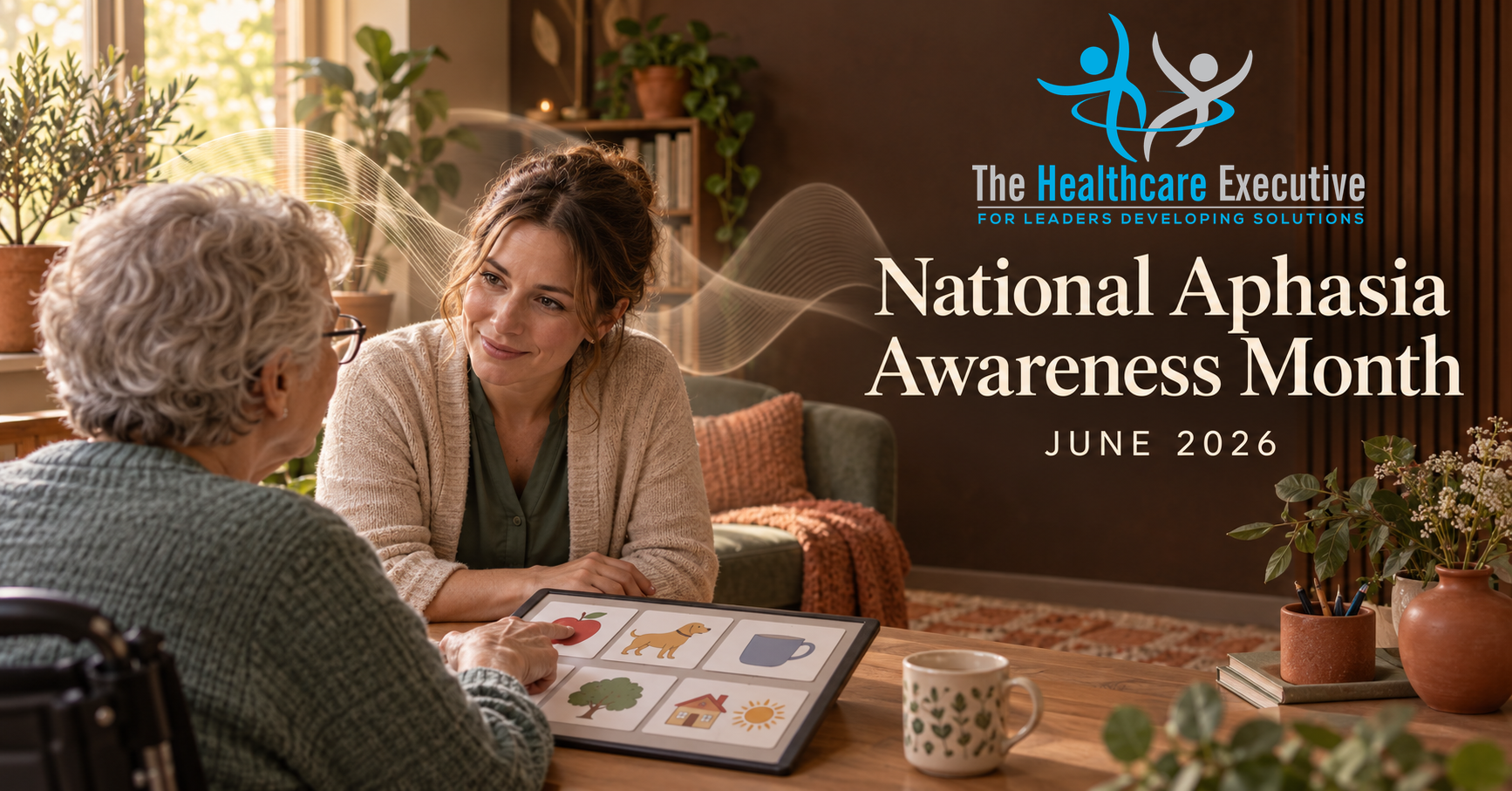 National Aphasia Awareness Month 2026 healthcare hero with the original transparent Healthcare Executive logo.