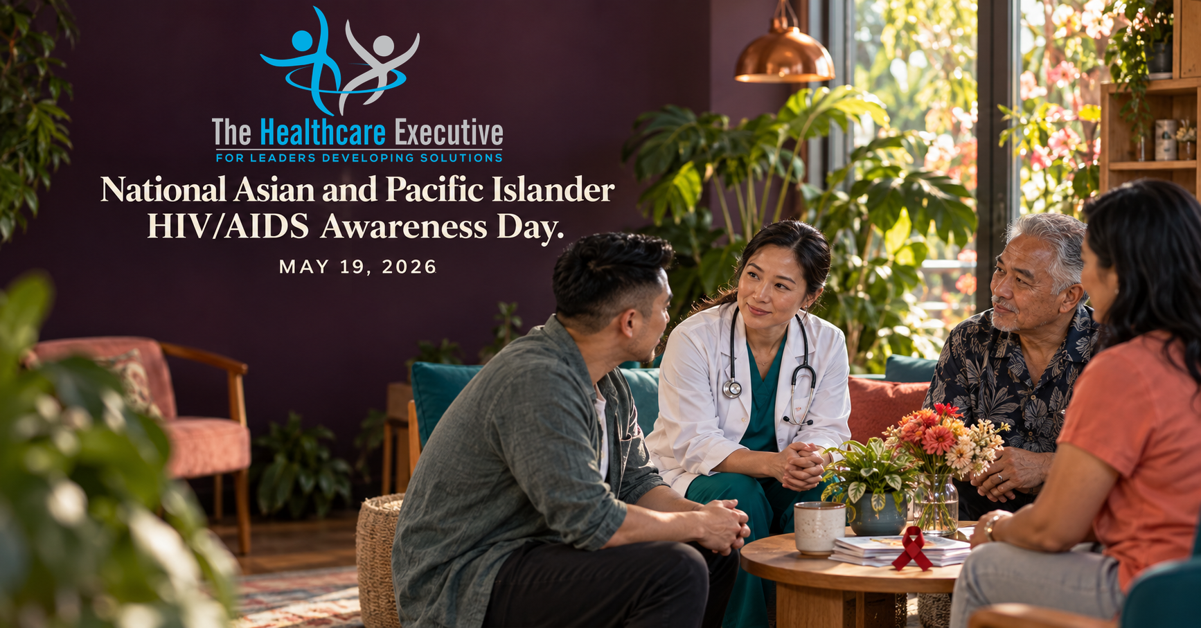National Asian and Pacific Islander HIV/AIDS Awareness Day 2026 healthcare hero with the original transparent Healthcare Executive logo.