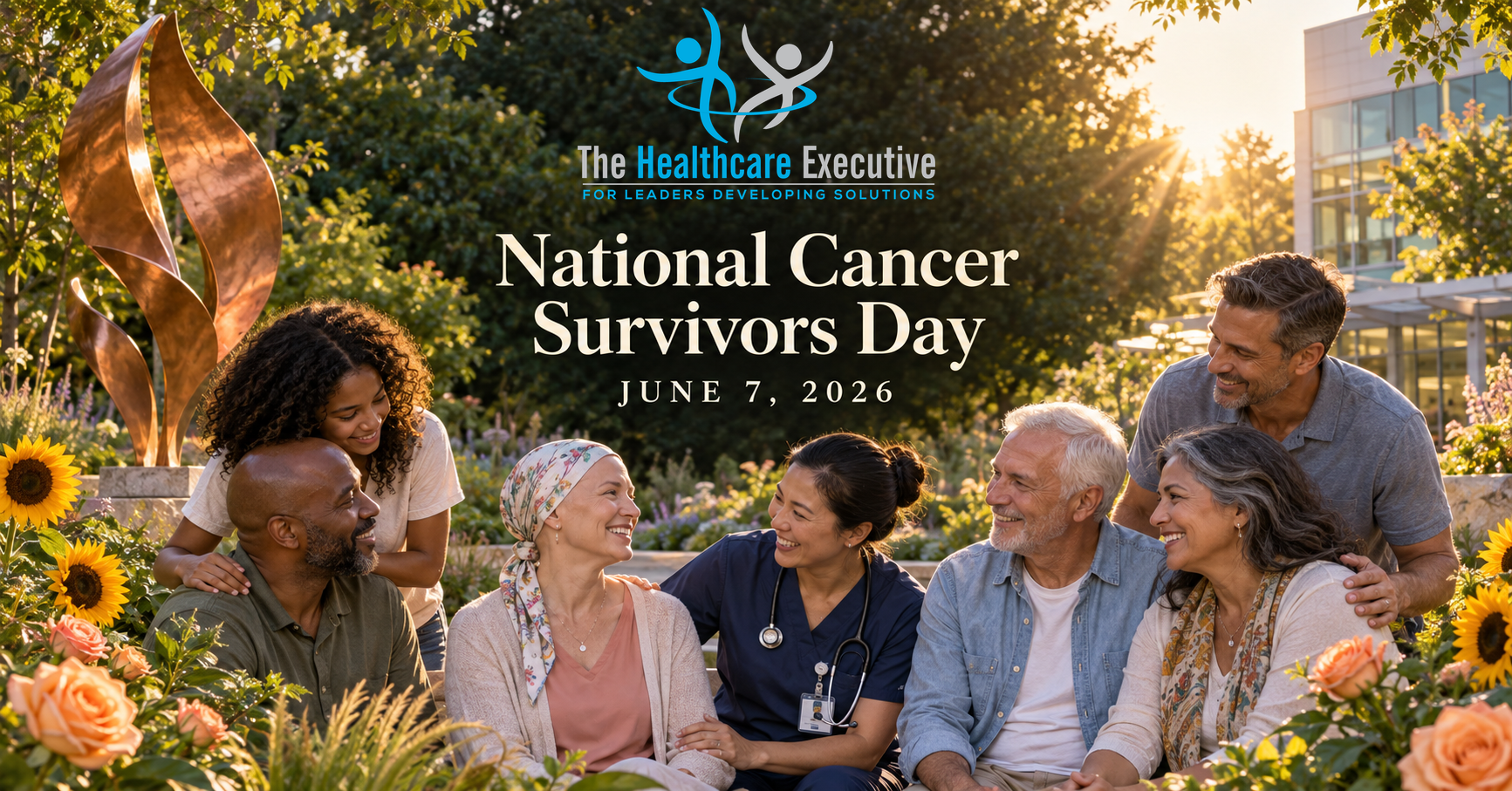 National Cancer Survivors Day 2026 healthcare hero with the original transparent Healthcare Executive logo.