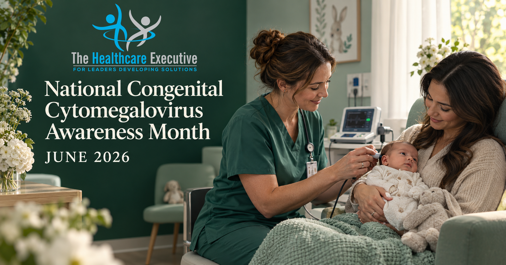 National Congenital Cytomegalovirus Awareness Month 2026 healthcare hero with the original transparent Healthcare Executive logo.