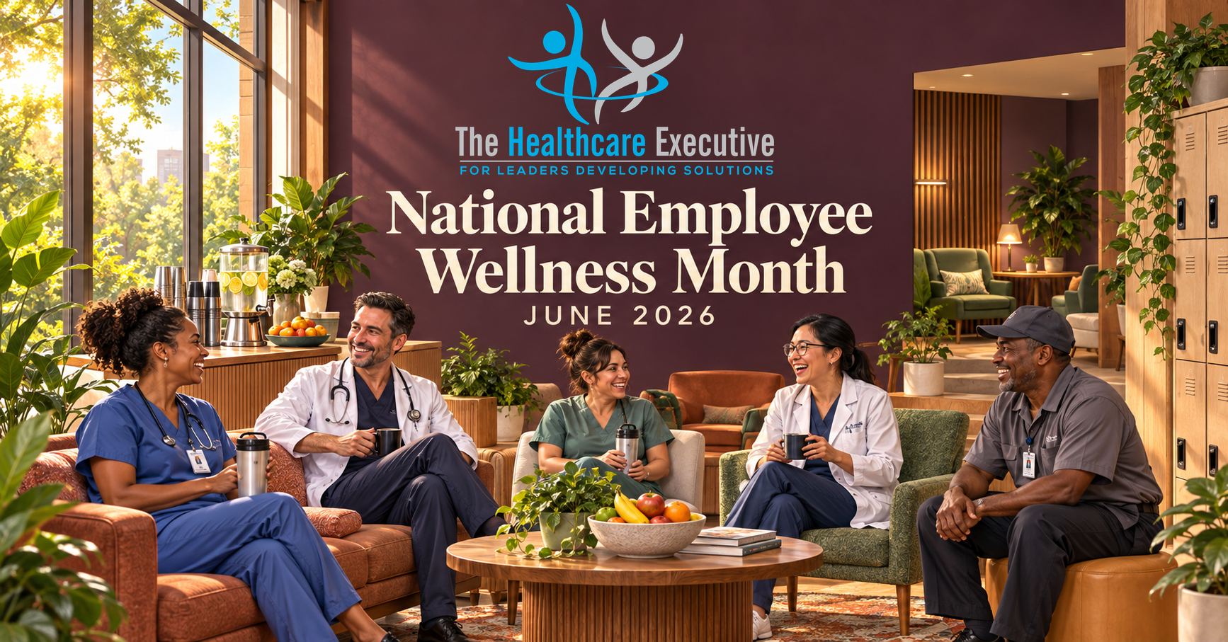 National Employee Wellness Month 2026 healthcare hero with the original transparent Healthcare Executive logo.