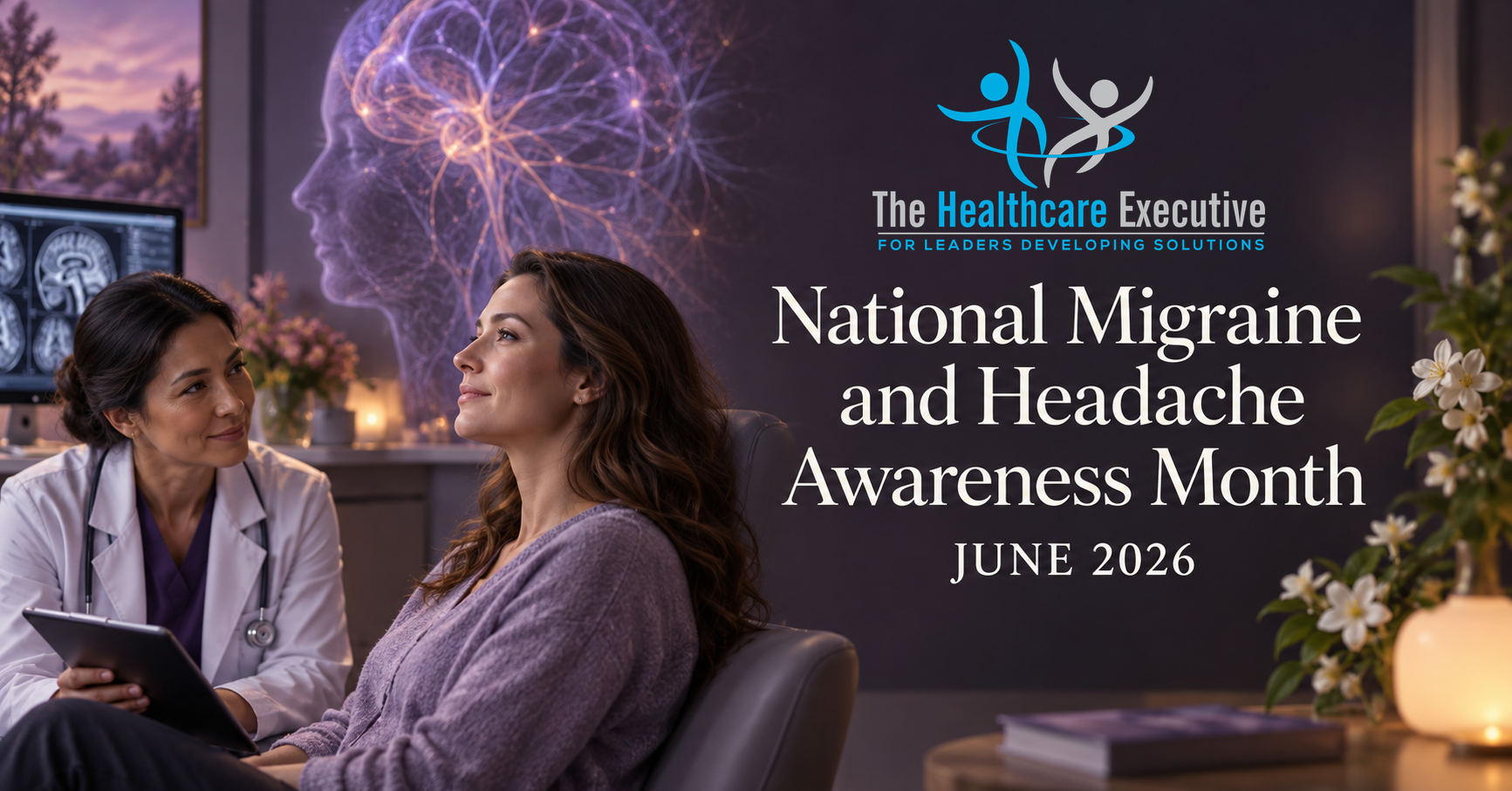 National Migraine and Headache Awareness Month 2026 healthcare hero with the original transparent Healthcare Executive logo.