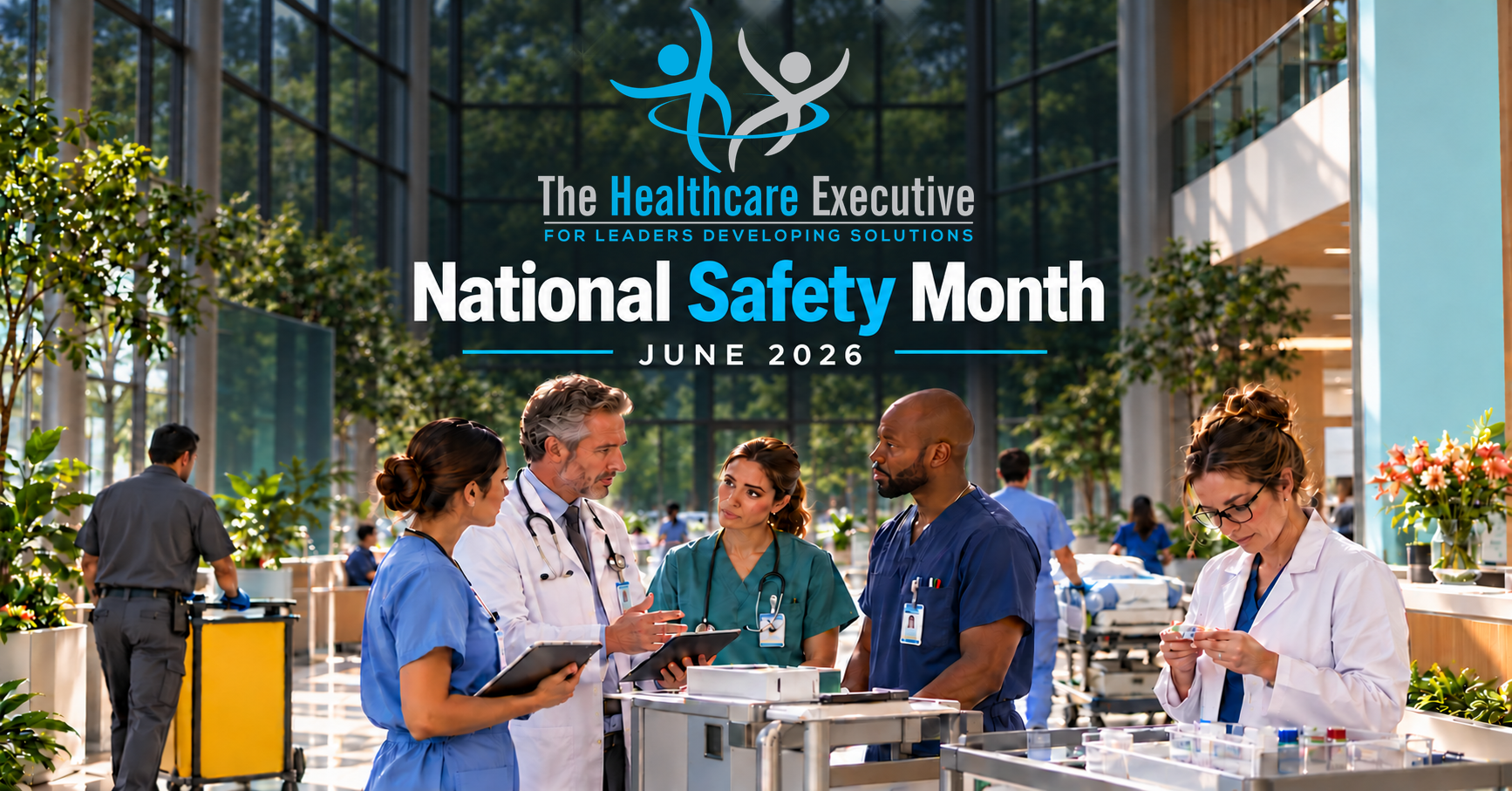 National Safety Month 2026 healthcare hero with the original transparent Healthcare Executive logo.