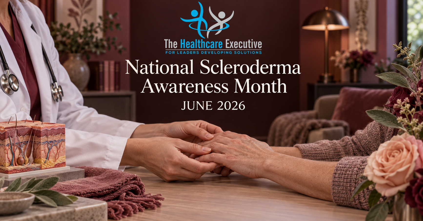 National Scleroderma Awareness Month 2026 healthcare hero with the original transparent Healthcare Executive logo.