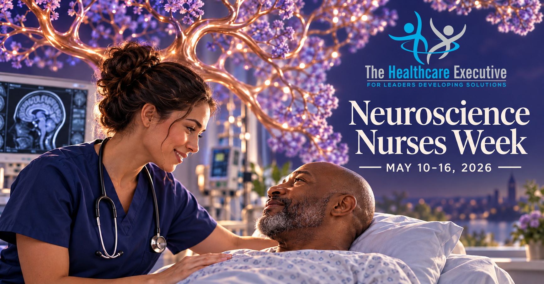 Neuroscience Nurses Week 2026 healthcare hero with the original transparent Healthcare Executive logo.