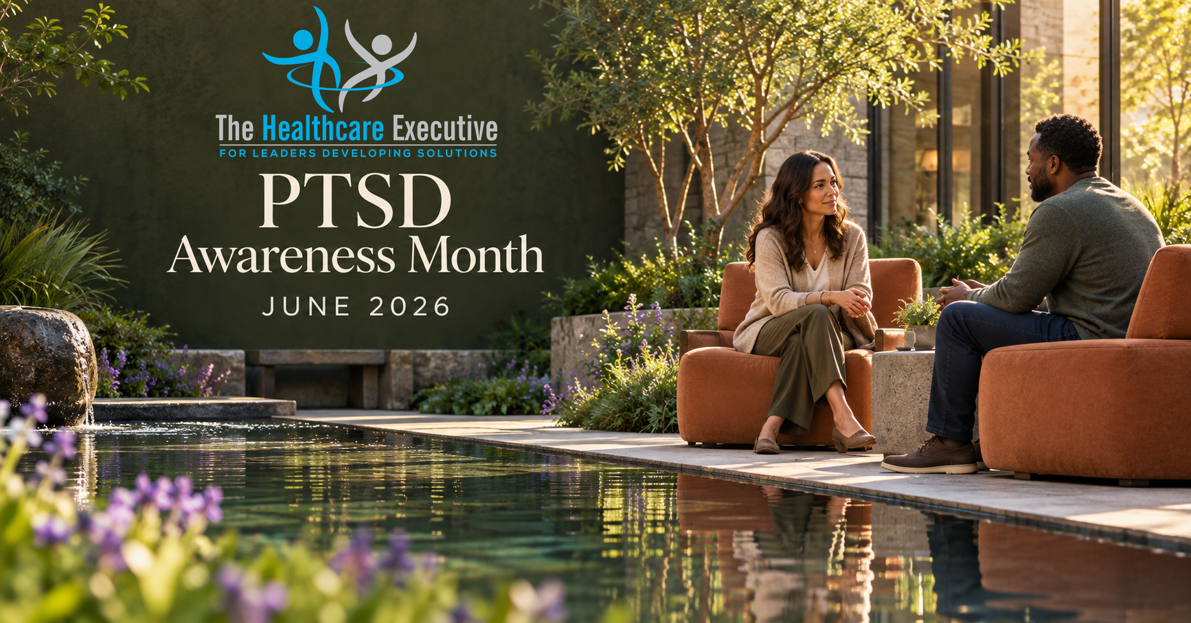 PTSD Awareness Month 2026 healthcare hero with the original transparent Healthcare Executive logo.