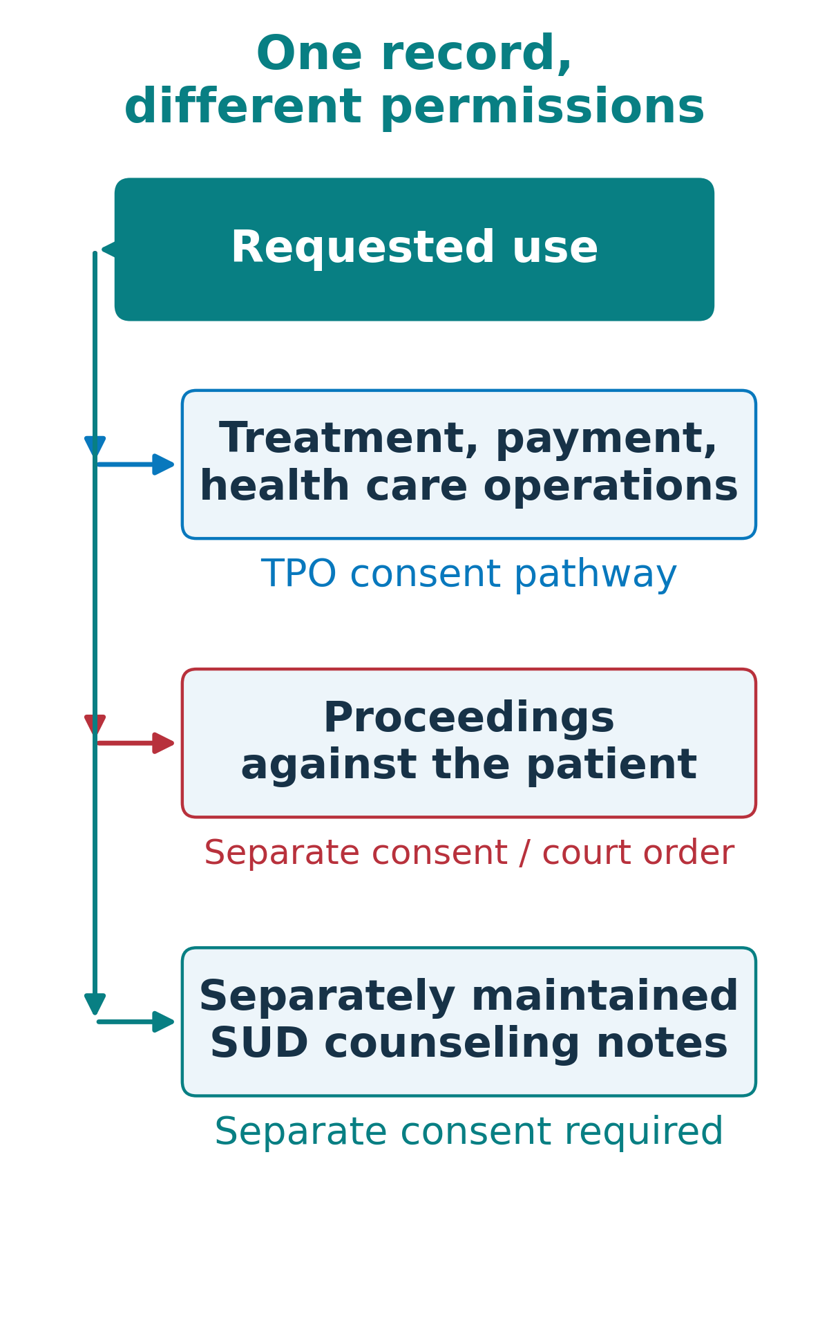 Three purpose branches distinguish the TPO consent pathway, legal proceedings against the patient, and separately maintained substance-use-disorder counseling notes.
