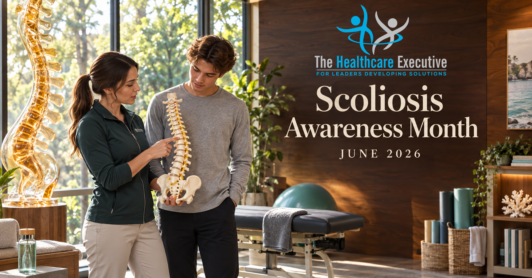 Scoliosis Awareness Month 2026 healthcare hero with the original transparent Healthcare Executive logo.