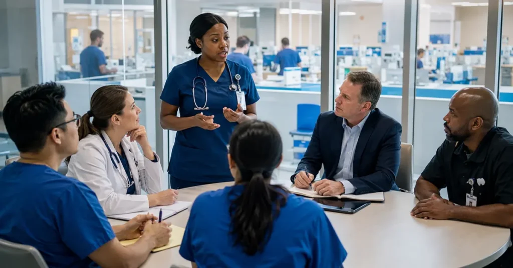 A bedside nurse leads a hospital team discussion while an executive listens at the same table and takes notes.