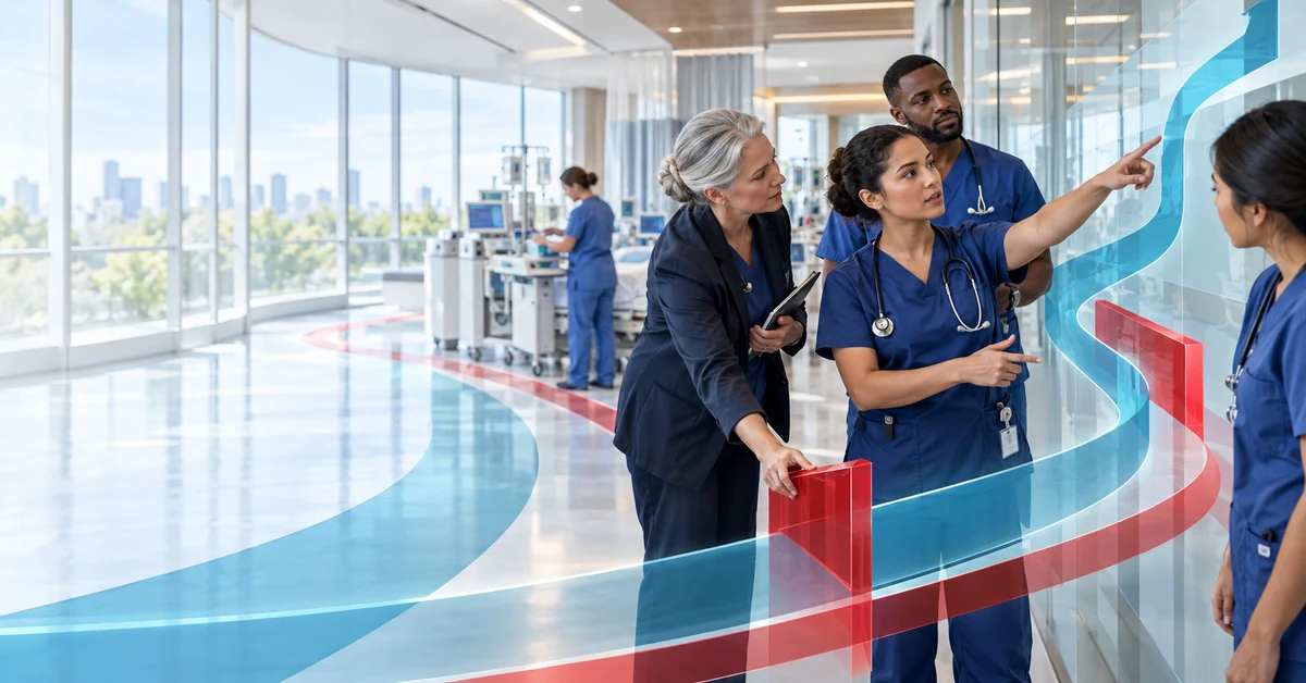 A frontline nurse leads a unit discussion along a cyan operating pathway while a nurse leader listens and removes a red barrier; another nurse uses restored equipment in the background.