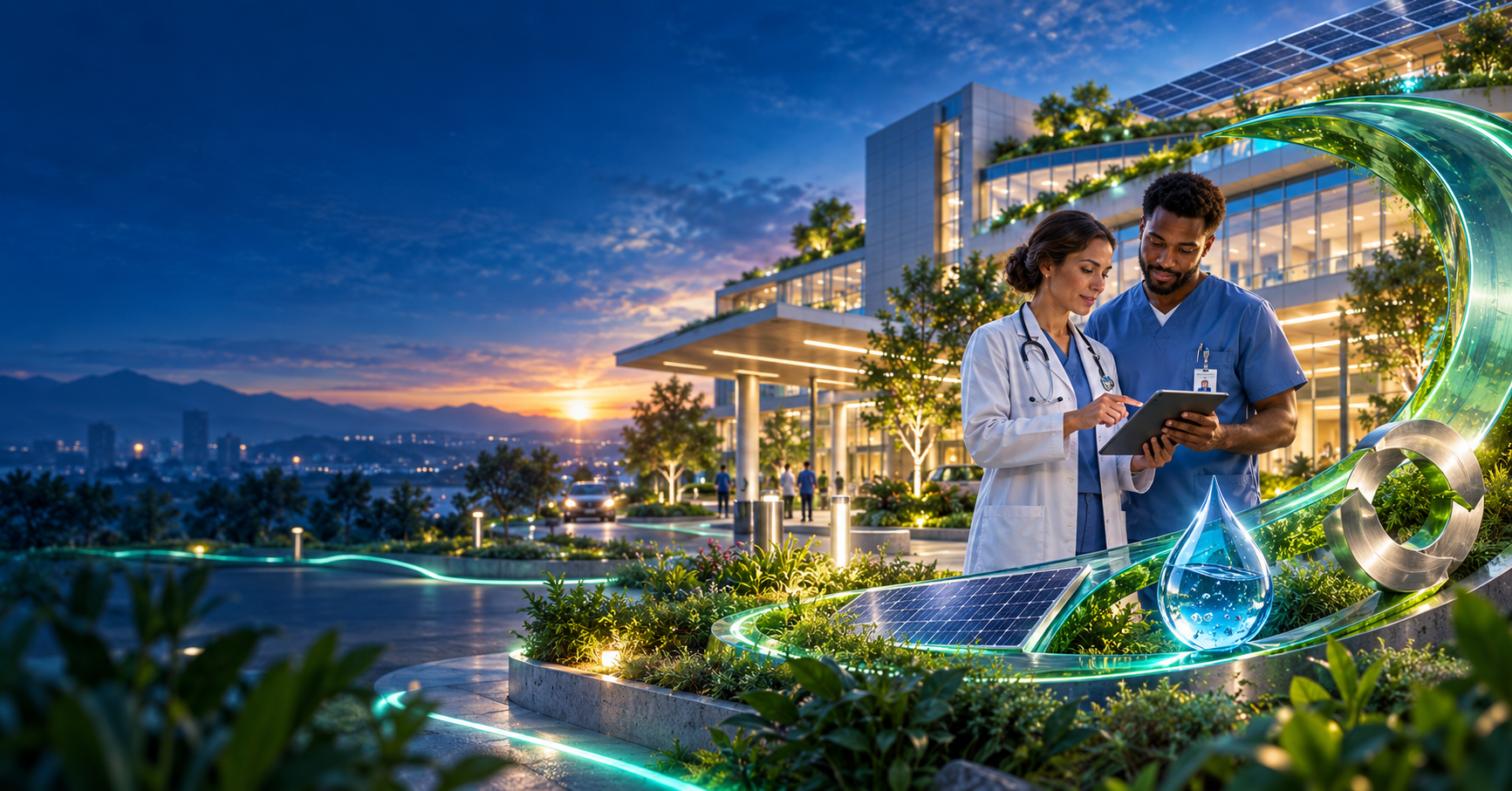 Conceptual healthcare sustainability scene showing a physician and nurse at a landscaped hospital, with solar panels, a glass water droplet, and a circular resource loop.