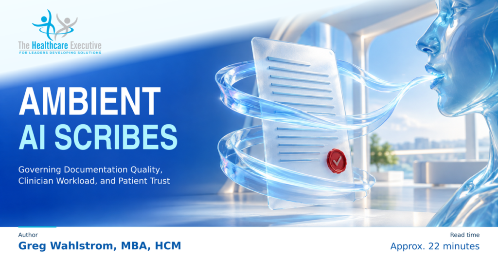 Ambient AI Scribes: Governing Documentation Quality, Clinician Workload, and Patient Trust. An optical-glass speaking profile transforms a ribbon of sound into a reviewed document.