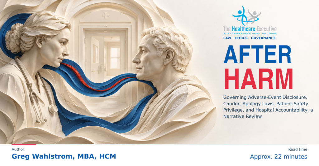After Harm: Governing Adverse-Event Disclosure, Candor, Apology Laws, Patient-Safety Privilege, and Hospital Accountability, a Narrative Review. An ivory sculptural relief connects two human profiles through a continuous conversation ribbon.