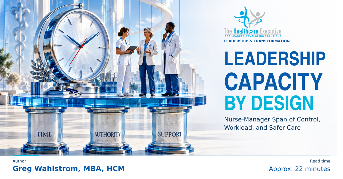 Leadership Capacity by Design: Nurse-Manager Span of Control, Workload, and Safer Care. A clock and healthcare leaders rest on a platform supported by time, authority, and support.