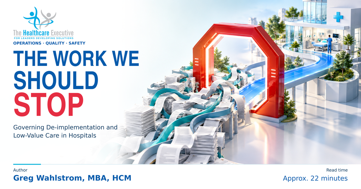 The Work We Should Stop: Governing De-implementation and Low-Value Care in Hospitals. A sculptural red review gate turns tangled hospital work into a clear route to care.
