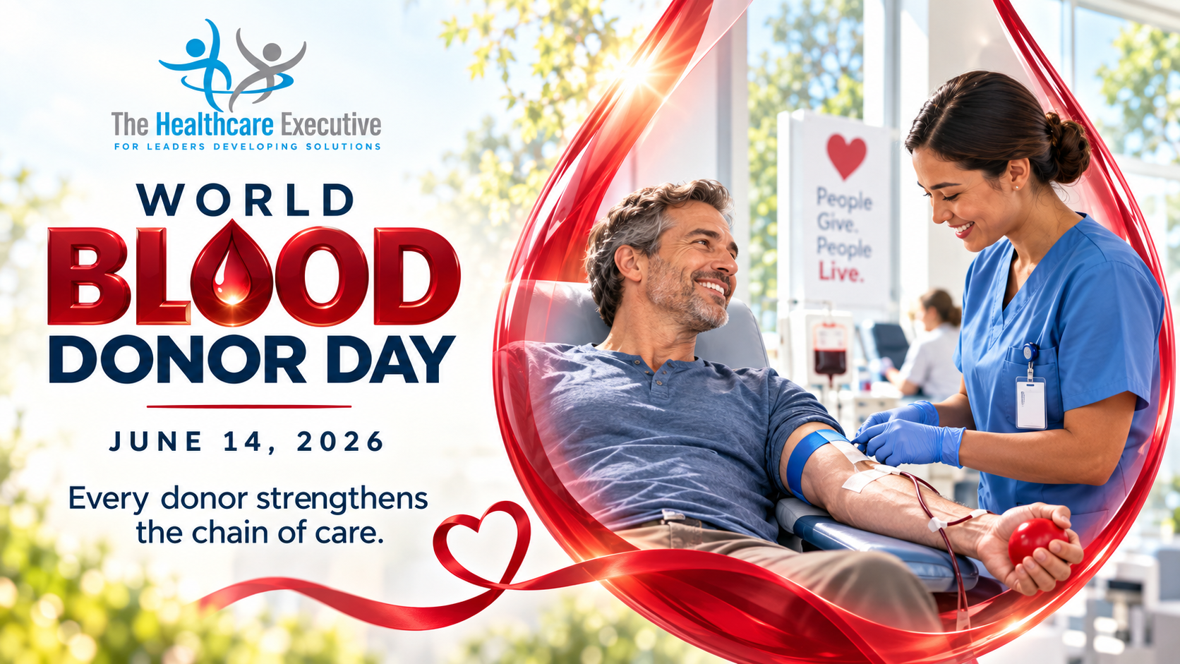 World Blood Donor Day, June 14, 2026. A nurse assists a blood donor in a bright donation center. Every donor strengthens the chain of care.