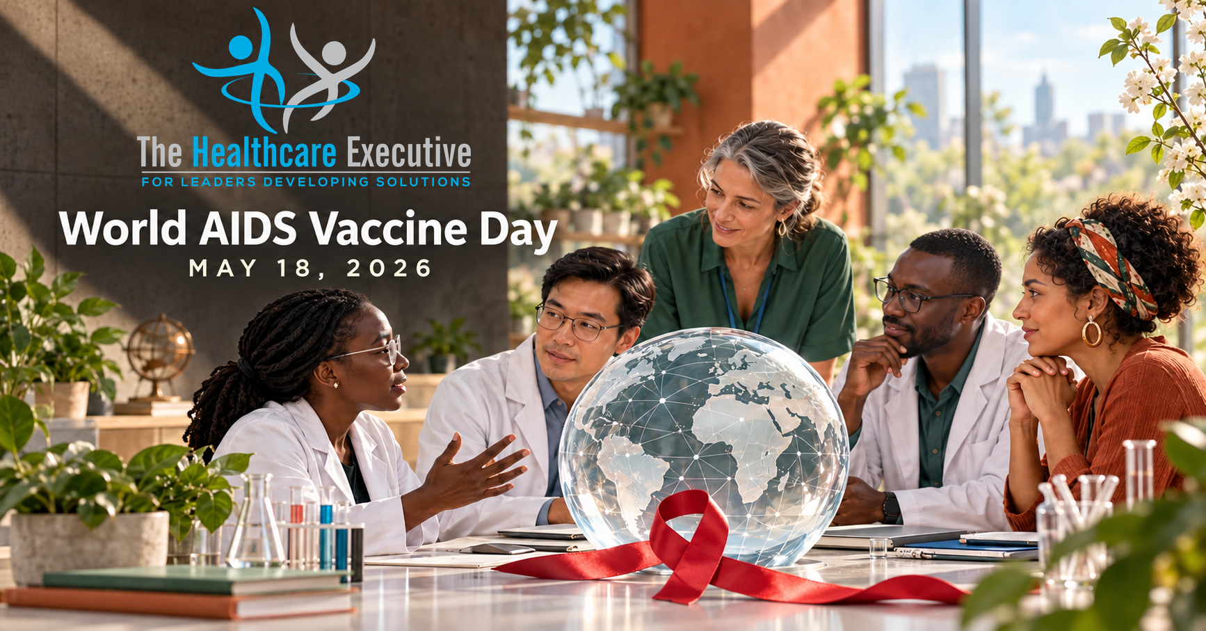 World AIDS Vaccine Day 2026 healthcare hero with the original transparent Healthcare Executive logo.